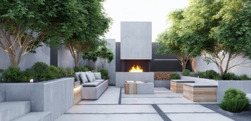 Fototapeta premium modern garden with outdoor fireplace, seating area and wooden planters