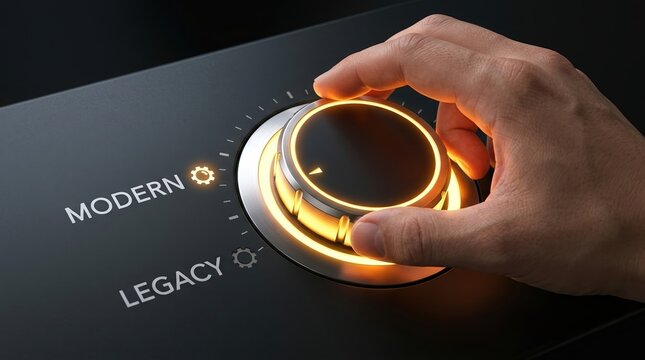 Modern, Legacy, Innovation, Transformation, Technology, Upgrade, Control concept showing a hand turning a glowing metallic dial to switch from old systems to futuristic solutions.