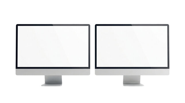 Two silver desktop monitors with blank white screens isolated. Dual display workstation mockup.