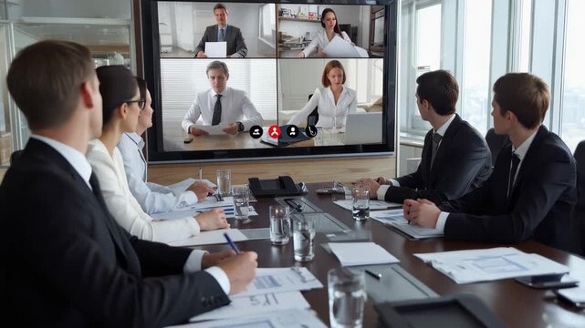 Businesspeople participate in a video conference call in a large modern office with views of the city skyline during a workday meeting