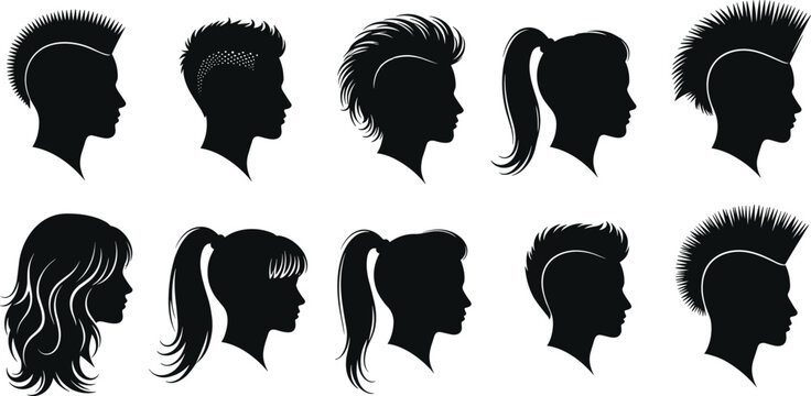 Vector silhouette set of female and male profiles with mohawks, ponytails, and trendy hairstyles, modern hair fashion icons isolated on white