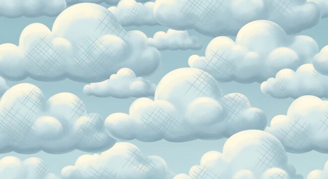 Seamless pattern of fluffy cartoon clouds in a blue sky.