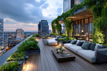 Fototapeta premium Modern Rooftop Terrace Lounge at Dusk with City View