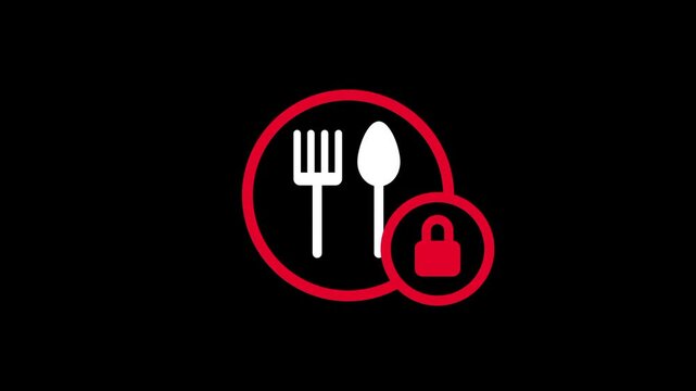 A red circle contains a white fork and spoon icon with a small padlock symbol indicating that dining services or food access is currently restricted
