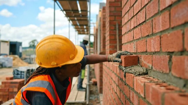 Black female construction worker laying bricks on a wall. African American woman in hard hat and safety vest building with mortar and trowel. Masonry and manual labor concept