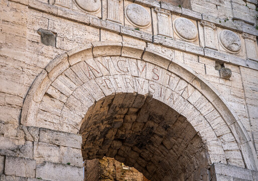 The Arco Etrusco (Arch of Augustus), one of seven gates of the ancient Etruscan walls of Perugia, built in the 4th-3rd century BC, renovated by Augustus in 40 BC, Umbria, Italy.