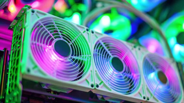 Futuristic mining rig with neon multicolored cooling fans, blurred background. The concept of modern technologies