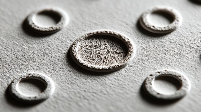 Microscopic scanning electron microscope image showing circular pits on a granular surface.