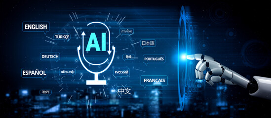 Naklejka premium Advanced AI Technology Interface with Multilingual Capabilities and Robotic Hand Touching Virtual Control in a Futuristic Setting Quark.