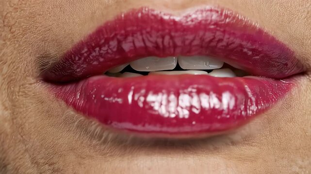 Lips painted in wine fuchsia hue enhance natural beauty with a glossy finish perfect for various occasions and settings