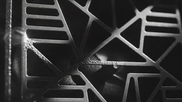 Close up view of the metal grate with smoke and sparks in monochrome highlighting texture and industrial concept