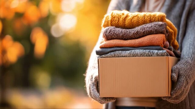 A close-up of a stack of clothes in a cardboard box. A woman stands on the street, holding old clothes. Concept: charity, helping the homeless, recycling