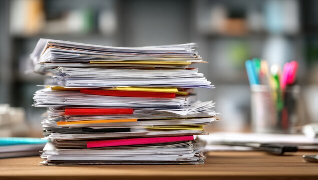 Overwhelmed by Paperwork - A Stack of Documents on a Desk.