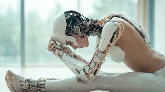 A thoughtful female robot with a sleek design sits in a contemplative pose, reflecting on humanity and emotions, blending technology with poignant human-like expressions.