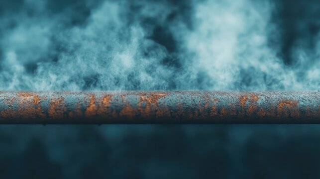 This image showcases a close-up of a rusty pipe emitting steam, creating an atmospheric effect that blends industrial and natural elements beautifully in a dark background.