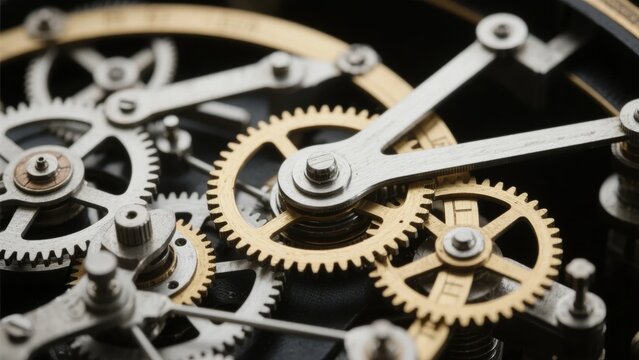 Close-up view of intricate mechanical gears and cogs in a clockwork mechanism