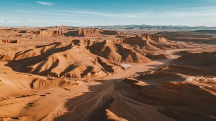 Fototapeta premium Aerial view of a vast desert landscape with rugged red rock formations and deep canyons under a clear blue sky