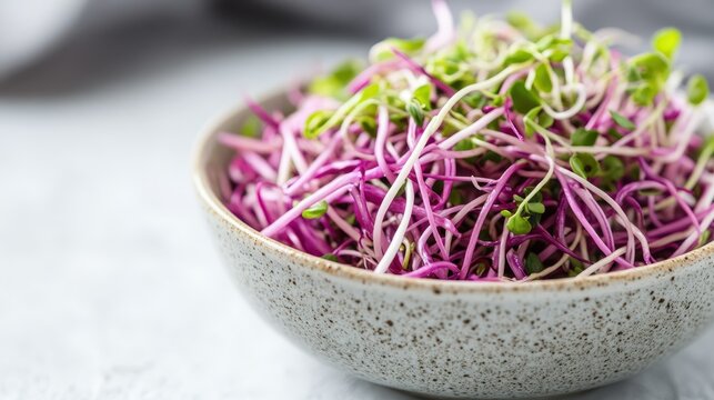 A vibrant assortment of microgreens is beautifully arranged in a textured bowl, showcasing their lush colors and versatility for healthy eating and gourmet dishes.