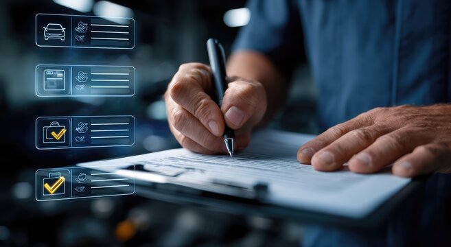 Mechanic Completing Vehicle Inspection Checklist with Digital Overlay.