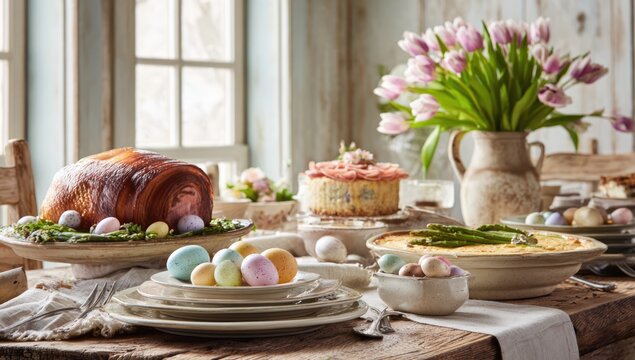 Elegant Easter Feast - Ham, Cake, Tulips, and Pastel Eggs.