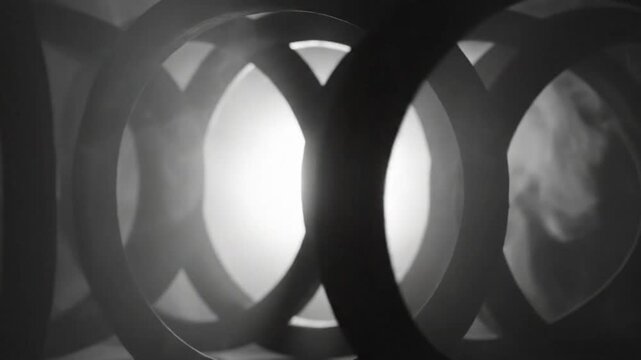 Abstract grayscale shot of a metal sculpture with geometric shapes illuminated and shrouded by vapor