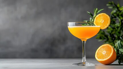 Fototapeta premium An inviting orange cocktail stands elegantly on a table, garnished with an orange slice, capturing the essence of refreshing summer drinks filled with vibrant flavors.