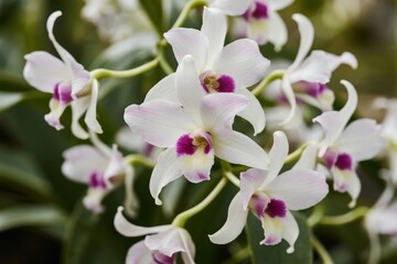Obraz premium Close-up of white orchid flowers with purple centers blooming on green stems