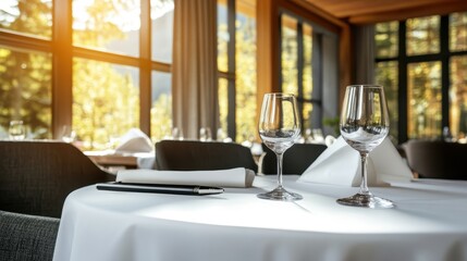 Naklejka premium A beautifully set table in a modern restaurant captures reflections of sunlight through the windows, creating an inviting atmosphere for diners and enhancing the overall dining experience.
