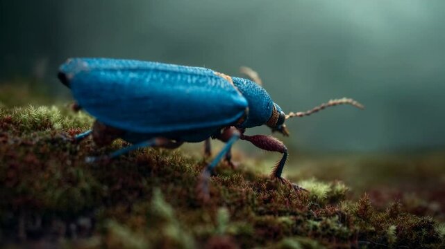 Extreme macro of vivid blue beetle crawling over mossy forest floor with glossy shell details, shallow depth and moody woodland atmosphere for cinematic nature discovery.