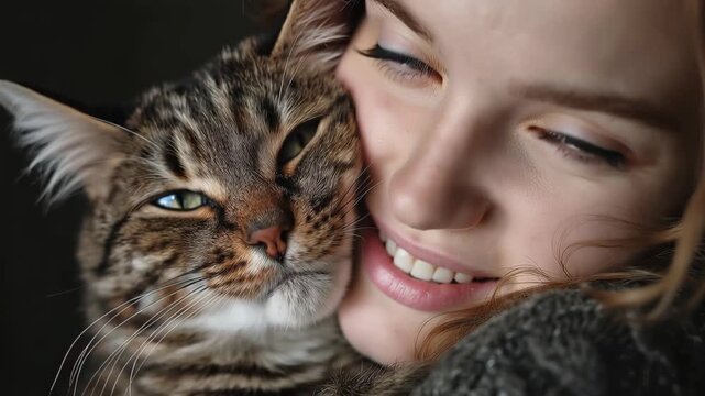 Young woman embraces tabby cat in cozy indoor setting with soft lighting and warm atmosphere showcasing their bond and affection