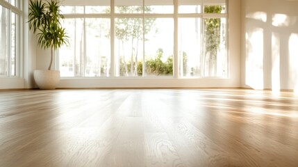 Fototapeta premium A bright sunlit room showcasing warm wooden flooring and large windows that bring in plenty of natural light, creating a serene atmosphere with indoor plants.