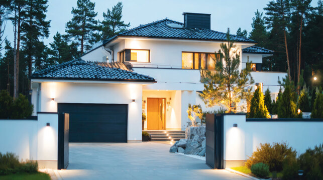 Modern luxury house featuring a well lit exterior, open gate, and driveway during the tranquil early evening hours