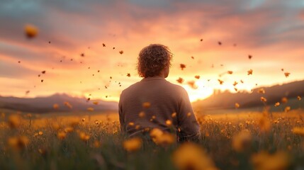 Obraz premium A serene individual meditates in a blooming field at sunset, capturing the essence of tranquility and connection with nature, promoting inner peace and mindfulness.