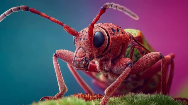 Vibrant studio macro portrait of colorful grasshopper on soft green surface with expressive eyes, crisp texture and surreal gradient background for striking wildlife detail.