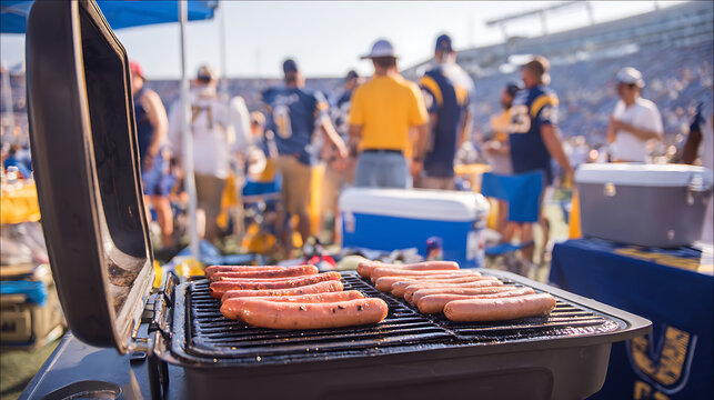 Sausages grill over hot coals during an outdoor event, with a blurred background of people gathering. Tailgate fun