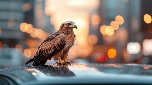 A powerful eagle perched on a car roof in a bustling city, juxtaposing nature against the urban backdrop filled with blurred lights and warm colors during twilight hours.