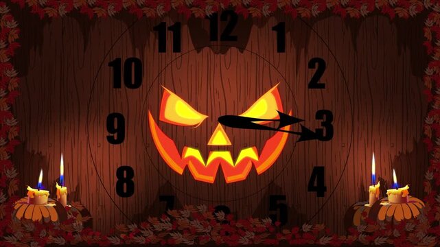 Spooky Halloween clock showing midnight with scary pumpkin face, candles and autumn leaves on wooden background, horror holiday countdown concept illustration.