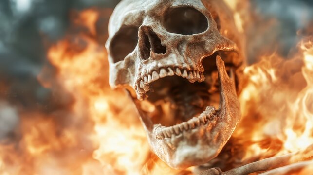 A dramatic and intense image of a flaming skull, capturing the essence of fear and mortality, evoking thoughts about danger, destruction, and existential themes.