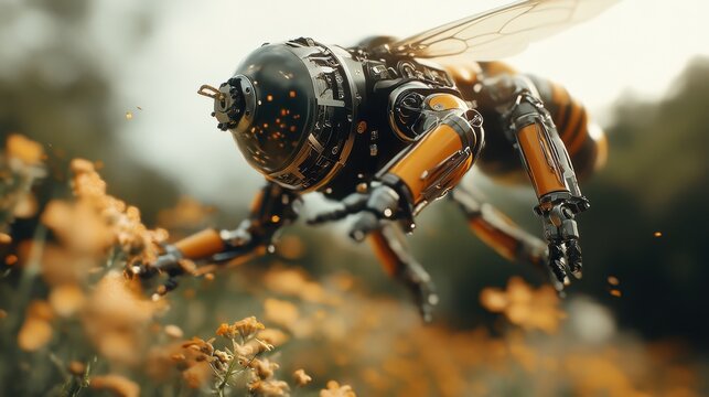 A futuristic robotic bee hovers over flowers, blending technology and nature, representing innovation in environmental sustainability and the relationship between nature and machinery.