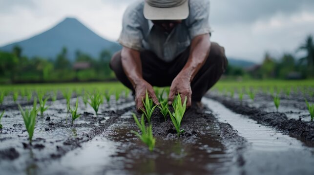 This poignant image captures a farmer planting young rice shoots in flooded fields, representing dedication and connection to the land in agricultural practices.