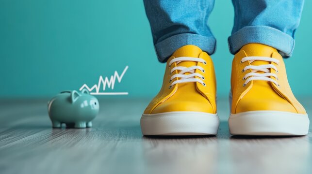 A pair of bright yellow casual shoes standing next to a piggy bank, symbolizing savings and financial aspirations, blending practicality with vibrant imagery.