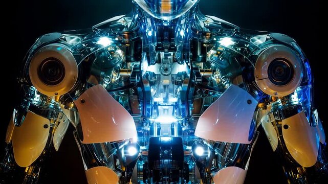 Close view of advanced humanoid robot with transparent chest and glowing circuitry, symbolizing artificial intelligence innovation and cybernetic engineering in futuristic design.