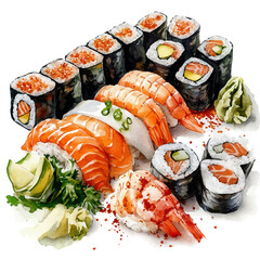 Sushi, high quality watercolor, isolated on a white background, vibrant details. © teralis