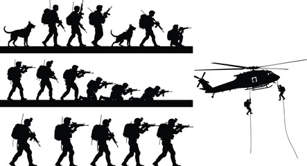 Naklejka premium Military soldiers silhouette mega set with helicopter rappelling army dogs and infantry squad isolated on white background combat vector illustration.