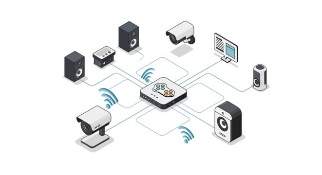 Isometric smart home technology concept with central hub connecting security cameras speakers and monitor
