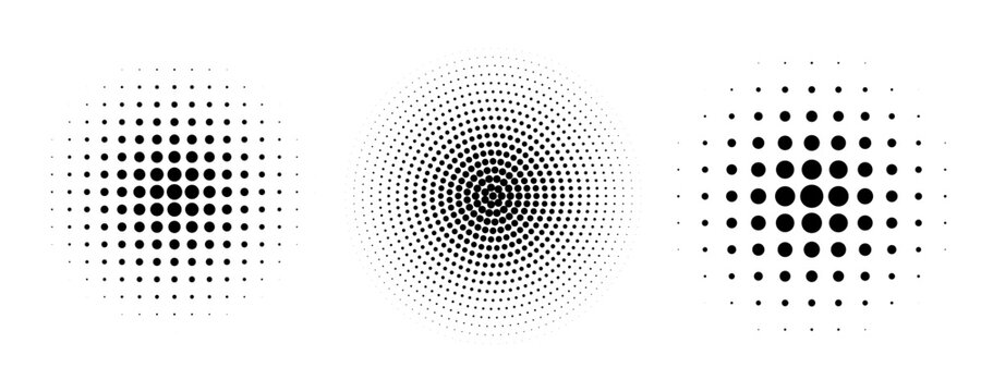 Set of dotted curved abstract shapes. Dotted pattern in halftone theme. Curved and twisted abstract gradients. Vector design element in black and white color.