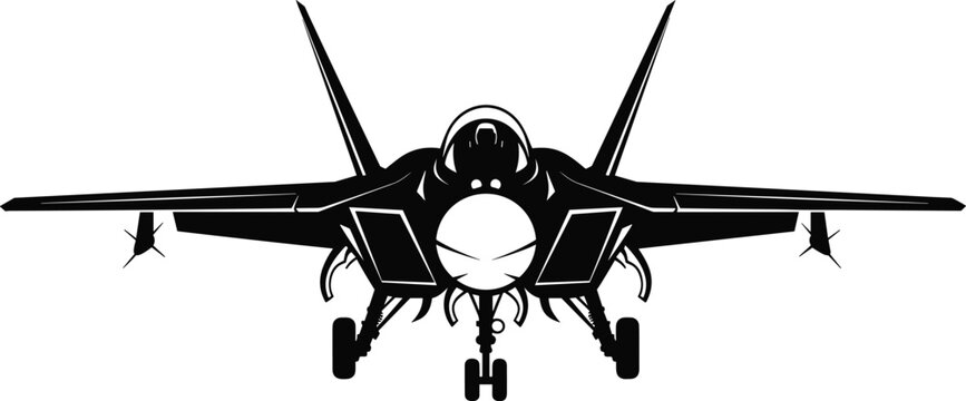 Modern fighter jet front view silhouette illustration, military aircraft artwork, defense aviation design concept, black and white vector template set