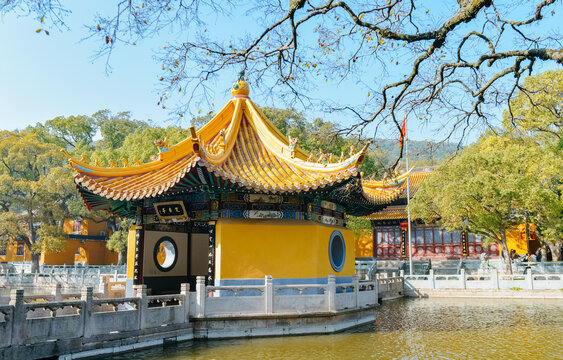 Dingxiang Pavilion on Haiyin Pond at Puji Temple in Mount Putuo, Zhoushan, NIngbo, Zhejiang, China