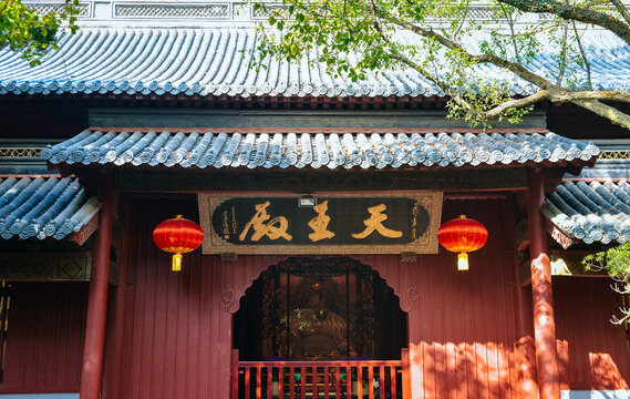 Front entrance of Hall of Heavenly Kings (Tianwandian) at Puji Temple in Putuo Mountain, Zhoushan, Ningbo, Zhejiang, China