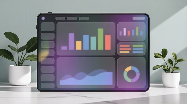 Tablet with colorful data dashboard interface bar chart line graph pie chart modern analytics workspace vector design illustration